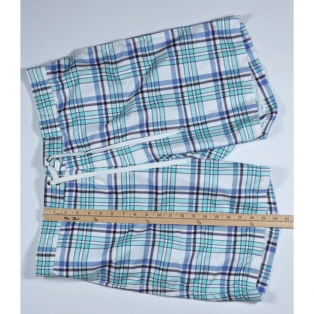 Merona Men's Plaid Swim Trunks Teal Blue White Board‎ Shorts Size Large